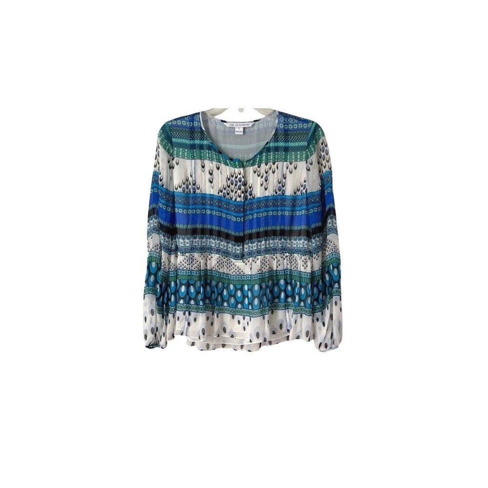 Diane Von Furstenberg Silk Chiffon Blue Teal Paisley Long Sleeve Blouse Pleated